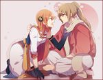  1girl anger_vein blue_eyes brown_hair bun_cover chinese_clothes elbow_gloves gintama gloves hetero japanese_clothes kagura_(gintama) long_hair md5_mismatch okita_sougo older orange_hair pakkuncho ponytail red_eyes scarf 