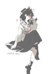  1girl ankle_socks black_eyes black_hair black_hat black_shoes black_skirt black_socks bow commentary_request dated from_side full_body hat hat_bow highres kumateya long_sleeves medium_hair necktie red_necktie shirt shoes simple_background sitting skirt socks solo touhou usami_renko white_background white_bow white_shirt 