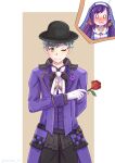  0_0 1boy 1girl :3 ;3 absurdres aoihana_15 ascot black_hat black_pants blush coat flower gloves green_hair hat highres holding holding_flower jacket jewelry long_hair long_sleeves melty_pristis necklace o_o one_eye_closed pants purple_coat purple_hair purple_jacket re:zero_kara_hajimeru_isekai_seikatsu red_flower red_rose rose short_hair tiga_rauleon white_ascot white_gloves yellow_eyes 
