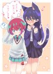  2girls ? amate_yuzuriha animal_ears black_skirt blue_eyes blue_skirt blush cat_ears cat_girl cat_tail cellphone commentary_request gundam gundam_gquuuuuux heart holding holding_phone multiple_girls necktie nyaan_(gundam_gquuuuuux) open_mouth phone pleated_skirt red_eyes skirt smile speech_bubble spoken_question_mark star_(symbol) striped_clothes striped_necktie tail teu_(navy) thought_bubble translation_request yellow_eyes yuri 