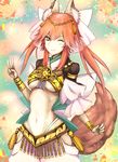  absurdres amaterasu_(fate) animal_ears blush breasts fate/extra fate/extra_ccc fate_(series) fox_ears fox_tail hair_ribbon highres kaze_minoru_so-ru long_hair looking_at_viewer medium_breasts navel one_eye_closed open_mouth pink_hair ribbon solo tail tamamo_(fate)_(all) tamamo_no_mae_(fate) twintails underboob v yellow_eyes 