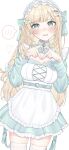  1girl absurdres alternate_costume alternate_hairstyle apron aqua_belt aqua_bow aqua_dress aqua_eyes belt blonde_hair blunt_bangs bow braid breasts commentary_request cowboy_shot dress enmaided four-finger_heart_hands frills frown hair_bow hair_ornament heart heart_hands highres hololive kazama_iroha leaf_hair_ornament long_hair long_sleeves looking_at_viewer maid maid_apron maid_headdress medium_breasts open_mouth simple_background solo spoken_blush srmocca virtual_youtuber wavy_mouth white_apron white_background zettai_ryouiki 