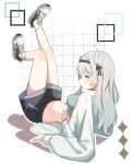  1girl absurdres arms_at_sides bag bare_legs black_hairband black_ribbon black_shorts blue_eyes blush bra breasts commentary contemporary erushira facing_to_the_side fanny_pack feet_up firefly_(honkai:_star_rail) firefly_(impression)_(honkai:_star_rail) gradient_eyes gradient_hair green_bra green_hair grey_hair grid_background hair_ornament hair_ribbon hairband highres honkai:_star_rail honkai_(series) jacket long_hair long_sleeves looking_at_viewer lying medium_breasts multicolored_eyes multicolored_hair navel official_alternate_costume on_back pink_eyes ribbon shoes short_shorts shorts simple_background sneakers socks solo sports_bra stomach track_jacket underwear unzipped white_background white_bag white_shoes white_socks wing_hair_ornament yellow_eyes 