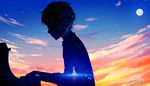  1girl arima_kousei artist_name blonde_hair bow_(instrument) cloud double_exposure from_side instrument miyazono_kawori moon orange_sky outline piano sanaa shigatsu_wa_kimi_no_uso shooting_star short_hair silhouette sky spoilers upper_body violin 