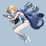  1girl absurdres bangboo_(zenless_zone_zero) blonde_hair blue_jacket boots closed_eyes commentary full_body grey_background grey_hat grey_helmet hat helmet heon29747 high_heel_boots high_heels highres hug jacket large_hat long_hair lying norma_hollowell on_side open_mouth shako_cap simple_background sleeping solo thighhighs untranslatable_commentary unworn_headwear white_thighhighs zenless_zone_zero 