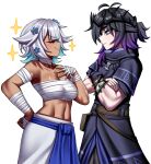  1boy 1girl absurdres antenna_hair aqua_hair bandaged_arm bandaged_hand bandaged_neck bandages bare_shoulders belt black_hair blue_eyes blue_flower blue_robe blue_sash blush breasts brown_belt celine_(sorenjerr) chest_sarashi cleavage closed_eyes colored_inner_hair commentary commission commissioner_upload cowboy_shot crossed_arms dark-skinned_female dark_skin english_commentary facing_another flower grey_hair hair_flower hair_ornament half_updo hand_on_own_chest high_collar highres leif_(sorenjerr) looking_at_another midriff multicolored_hair navel original rageman709 robe sarashi sash short_hair simple_background small_breasts smile sparkle standing stomach strapless tube_top white_background wrist_wrap 