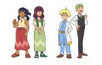  2boys 2girls aged_up ahoge baggy_pants bare_shoulders blonde_hair blue_jumpsuit cilan_(pokemon) clemont_(pokemon) commentary dark-skinned_female dark_skin earrings english_commentary green_hair iris_(pokemon) jewelry jumpsuit kiana_mai lab_coat multiple_boys multiple_girls necklace pants pokemon pokemon_(anime) pokemon_the_series:_black_&amp;_white pokemon_the_series:_xy purple_hair sandals shannon_(pokemon) 