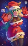  1girl absurdres animal_ears antlers black_thighhighs boutsoftheblind breasts commentary dress english_commentary gloves green_eyes green_hair haruka_karibu hat highres horns large_breasts long_hair looking_at_viewer red_dress red_gloves reindeer_antlers reindeer_girl santa_costume santa_dress santa_hat thighhighs thighs virtual_youtuber vshojo 