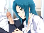  1boy 1girl blue_hair censored collared_shirt earrings erection from_side game_asset glasses iizuki_tasuku imminent_handjob infirmary jewelry kurokawa_sera lips lipstick looking_at_penis lovely_x_cation makeup mosaic_censoring non-web_source pants penis shirt short_hair visual_novel_cg white_shirt yellow_eyes 
