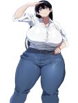  1girl arato_nagi belt black_hair blue_pants breasts closed_mouth collared_shirt commentary_request curvy denim ear_piercing earrings hair_between_eyes highres jeans jewelry large_breasts long_hair pants piercing purple_eyes qaz_shibashi ruri_no_houseki shirt shirt_tucked_in simple_background sleeves_rolled_up smile solo standing stud_earrings thick_thighs thighs white_background white_shirt 