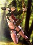  3d action archery arrow belt bow_(weapon) breasts dagger drawing_bow highres hood iryda jumping lips long_sleeves medium_breasts navel original sheath sheathed solo thigh_strap weapon 