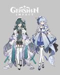  2girls absurdres alternate_costume arms_at_sides black_gloves blue_dress blue_eyes blue_flower blue_hair blue_hat bow choker commentary detached_sleeves dress english_text floral_print flower garter_straps genshin_impact gloves green_hair grey_background hair_between_eyes hair_bun hair_flower hair_intakes hair_ornament hair_over_one_eye hand_up hat hat_feather hat_flower highres jewelry logo long_hair mini_hat mini_top_hat multicolored_hair multiple_girls necklace odette_(genshin_impact) open_mouth pale_skin papajay_(jennygin2) pearl_hair_ornament puffy_dress puffy_short_sleeves puffy_sleeves purple_eyes short_sleeves sketch smile thighhighs top_hat train_(clothing) untranslatable_commentary very_long_hair vodyanitsa_(genshin_impact) white_dress white_flower white_gloves white_thighhighs wrist_cuffs 