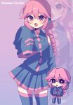  1girl black_shirt black_skirt buttons character_name chibi chibi_inset commentary_request detached_sleeves drill_hair highres kasane_toriko light_blush open_mouth own_hands_together pink_background pink_eyes pink_hair pink_trim pleated_skirt shirt skirt sleeves_past_fingers sleeves_past_wrists twin_drills utau youguret37 zoom_layer 