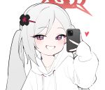  1girl alternate_costume black_flower blue_archive blush cellphone collarbone commentary_request drawstring flower grey_hair grin hair_flower hair_ornament hairclip half-closed_eyes halo hand_up heart holding holding_phone honi_(honi1010) hood hood_down hoodie korean_commentary long_hair long_sleeves looking_at_viewer mesugaki mutsuki_(blue_archive) phone purple_eyes red_halo selfie simple_background sleeves_past_wrists smartphone smile solo teeth twintails upper_body white_background white_hoodie 