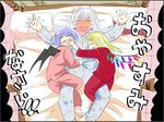  bat_wings bed bed_sheet blonde_hair blue_hair blush braid demon_wings drunk flandre_scarlet floor from_above full-face_blush full_body hand_on_another's_face happy ikaasi indoors izayoi_sakuya lying multiple_girls on_back open_mouth pajamas pillow remilia_scarlet room short_hair side_ponytail silver_hair sketch sleeping touhou translated twin_braids vampire wings 