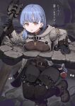  1girl arm_support bags_under_eyes belt belt_buckle black_belt black_boots black_gloves black_pants blue_hair boots breasts brown_eyes brown_shirt buckle chain chain_necklace cleric_(navigavi) commentary cross cross_necklace crotch_seam dungeon eyelashes fantasy flanged_mace flask full_body gloves grey_jacket hair_ornament hairclip hand_up highres hip_flask holding holding_mace holding_weapon hood hood_down hooded_jacket jacket jewelry jun_(navigavi) knees_together_feet_apart large_breasts legs_up long_sleeves looking_at_viewer mace medium_hair necklace nose open_clothes open_jacket open_mouth original pants parallel_hairclips pitfall potion revision shirt solo stone_floor stuck tearing_up teeth thigh_boots translated upper_teeth_only weapon 