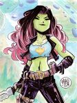  1girl 2024 absurdres alien alt_text arm_strap artist_logo asteroid belt black_gloves black_hair black_jacket black_pants closed_eyes colored_skin crop_top dated fingerless_gloves gamora gloves green_skin guardians_of_the_galaxy highres holding holding_sword holding_weapon jacket leather leather_pants logo long_hair marvel mikemaihack navel painting_(medium) pants pink_shirt science_fiction shirt signature smile space sword traditional_media upper_body watercolor_(medium) weapon 