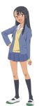  1girl :d artist_request asymmetrical_bangs black_hair black_socks blue_jacket blue_skirt breasts brown_eyes collarbone collared_shirt dark-skinned_female dark_skin earclip fang full_body green_shoes hair_between_eyes hair_ornament hairclip hand_on_own_hip highres ijiranaide_nagatoro-san jacket kneehighs long_hair looking_at_viewer nagatoro_hayase official_alternate_costume official_art open_clothes open_jacket open_mouth pleated_skirt school_uniform second-party_source shirt shoes simple_background skin_fang skirt small_breasts smile socks solo standing sweater tachi-e transparent_background uwabaki white_shirt white_shoes yellow_sweater 