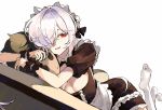  1girl alternate_costume apron breasts character_doll cinderella_(nikke) commander_(nikke) commentary_request doll doll_(nikke) frilled_wristband goddess_of_victory:_nikke hair_intakes hair_over_one_eye highres korean_commentary l74sc0 large_breasts lying maid maid_apron maid_headdress on_stomach red_eyes short_sleeves smile solo thighhighs unconventional_maid white_thighhighs 