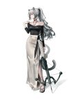  1girl alternate_costume arknights bare_shoulders black_nails black_shirt cat_tail commentary crossbow feint721 full_body grey_hair grey_skirt halterneck high_heel_sandals high_heels highres holding holding_crossbow holding_weapon long_hair long_skirt long_sleeves midriff nail_polish off-shoulder_shirt off_shoulder ponytail sandals schwarz_(arknights) shirt simple_background skirt solo standing tail toenail_polish toenails very_long_hair weapon white_background 