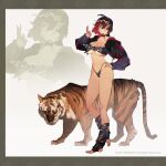  2022 ahoge animal_print bandana bikini black_panties breasts chinese_zodiac cleavage commentary_request copyright_notice cropped_jacket full_body gebijiade_89 gradient_background gradient_hair hair_ornament highleg highleg_panties highres looking_at_viewer multicolored_hair original panties short_hair stirrup_footwear strapless strapless_bikini swimsuit tiger tiger_print underwear white_background year_of_the_tiger yellow_eyes zoom_layer 