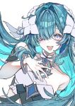  1girl absurdres bangle bare_shoulders blue_eyes blue_hair bracelet breasts choker collarbone colored_inner_hair commentary_request crop_top detached_sleeves eyelashes fins floating_hair flower frilled_choker frills genshin_impact green_sleeves grey_choker hair_flower hair_ornament hair_over_one_eye hand_on_own_chest hand_up head_fins highres jewelry long_hair looking_at_viewer medium_breasts multicolored_hair necklace open_mouth potatomochi_(potatomochi_7) short_sleeves sidelocks simple_background smile solo tank_top teeth tongue upper_body very_long_hair vodyanitsa_(genshin_impact) white_background white_flower white_tank_top 