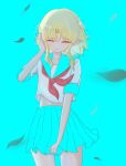  1girl absurdres blonde_hair blue_background blue_sailor_collar blue_skirt closed_eyes closed_mouth commentary_request cookie_(touhou) cowboy_shot falling_leaves hand_up highres joker_(cookie) leaf mizuhashi_parsee neckerchief pleated_skirt pointy_ears red_neckerchief sailor_collar school_uniform serafuku shirt short_hair short_sleeves sidelocks skirt solo touhou ukiuki_ukio white_shirt wind 