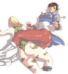  absurdres ass blonde_hair bracelet brown_hair bun_cover cammy_white china_dress chinese_clothes chun-li double_bun dress fingerless_gloves gloves green_leotard highleg highleg_leotard highres jewelry leotard mick_cortes multiple_girls pantyhose pelvic_curtain scissorhold street_fighter submission_hold thick_thighs thighs wrestling 