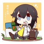  black_hair chibi hayasui_(kantai_collection) highres ice_box jacket kantai_collection looking_at_viewer machinery nuu_(nu-nyu) pleated_skirt short_hair sitting skirt solo translation_request 