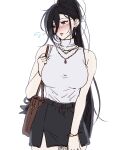  1girl absurdres alternate_costume ayase_yuu bag bag_bow bare_shoulders black_bow black_hair black_skirt blue_eyes blush bow bracelet breasts brown_bag commentary_request cowboy_shot double-parted_bangs earrings embarrassed flower_tattoo high_ponytail highres jewelry leaf_tattoo leg_tattoo long_bangs long_hair maximum_pamyu miniskirt multiple_earrings multiple_necklaces necklace official_alternate_costume parted_lips pendant pendant_earrings phase_connect pink_lips ponytail shoulder_bag simple_background sketch skirt sleeveless sleeveless_turtleneck solo stud_earrings sweatdrop sweater tattoo turtleneck turtleneck_sweater unfinished very_long_hair virtual_youtuber white_background white_sweater 