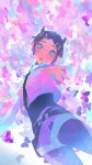  1girl 4957316 absurdres black_hair black_pantyhose black_shirt clove_(valorant) commentary cropped_jacket freckles green_eyes highres jewelry multiple_rings pantyhose purple_shorts reaching reaching_towards_viewer ring shirt short_hair shorts solo untranslatable_commentary valorant 