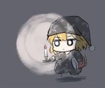  1girl black_pajamas blonde_hair candle candlestand chibi commentary_request cyu_ta dark grey_background hat highres holding holding_candlestand holding_pillow kirisame_marisa medium_hair nightcap pajamas pillow sketch solo star_(symbol) star_print touhou 