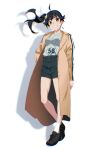  1girl ahoge araragi_karen arm_at_side black_hair black_shoes black_shorts breasts chromatic_aberration clothes_writing coat collarbone contrapposto cross-laced_shoes drop_shadow egg_hair_ornament floating_hair food-themed_hair_ornament full_body gesugesu_ahoaho grey_eyes grey_shirt grin hair_between_eyes hair_flaps hair_ornament hand_on_own_hip high-waist_shorts highres light_blush long_hair long_sleeves looking_at_viewer medium_breasts monogatari_(series) open_clothes open_coat shadow shirt shirt_tucked_in shoes shorts side_ponytail simple_background smile sneakers socks solo standing v-shaped_eyebrows white_background white_socks yellow_coat 