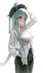  1girl absurdres animal_ears aqua_hair black_bow black_hat black_pants bow breasts cat_ears cat_girl cat_tail cleavage collared_shirt commentary cowboy_shot ears_through_headwear from_side hair_ornament hairclip hat hat_bow hat_chain highres jewelry large_breasts long_hair long_sleeves looking_to_the_side macaroon303 original pants parallel_hairclips parted_lips partially_unbuttoned red_eyes shirt sideways_glance simple_background solo standing straight_hair tail untranslatable_commentary very_long_hair white_background white_shirt 