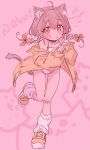 1girl ahoge animal_ear_fluff animal_ears bandaid bandaid_on_knee bandaid_on_leg bow braid brown_eyes brown_hair brown_jacket brown_shoes cat_ears cat_girl cat_tail closed_mouth commentary full_body hair_bow highres jacket jigatei_(omijin) long_sleeves loose_socks low_twintails one-piece_swimsuit open_clothes open_jacket original pink_background puffy_long_sleeves puffy_sleeves red_bow romaji_text shoes simple_background sleeves_past_wrists socks solo standing standing_on_one_leg swimsuit swimsuit_under_clothes tail twin_braids twintails untranslatable_commentary v white_one-piece_swimsuit white_socks 