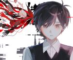  1boy black_hair black_vest colored_extremities commentary_request flower grey_eyes male_focus omori petals red_hands red_petals rou_(h_s_sinrin) shirt short_hair solo sunny_(omori) vest white_background white_flower white_petals white_shirt 