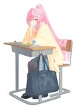  1girl absurdres aemeath_(wuthering_waves) ahoge arm_out_of_sleeve arm_rest bag black_pantyhose black_shoes blue_bag blue_collar blue_skirt circles_pen closed_mouth collar commentary_request desk elbow_on_table elbow_rest food full_body hair_ornament head_on_hand head_rest high_ponytail highres jacket long_hair long_sleeves looking_at_viewer one_eye_closed open_clothes open_jacket orange_eyes pantyhose parted_bangs pink_hair pleated_skirt ponytail shoes simple_background sitting skirt solo star_(symbol) star_in_eye symbol_in_eye tray very_long_hair white_background wing_hair_ornament wuthering_waves yellow_jacket 