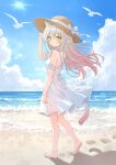  1girl absurdres alternate_costume animal_ear_fluff animal_ears arm_at_side arm_up bare_shoulders barefoot beach bird blue_sky blush bow cat_ears cat_girl cat_tail clanney closed_mouth cloud commentary_request commission cumulonimbus_cloud day dress feet floating_hair from_behind full_body gradient_hair grey_hair hair_between_eyes hat hat_bow highres kneepits kuro_(sakura_moyu) lens_flare long_hair looking_at_viewer looking_back multicolored_hair ocean outdoors pink_hair pixiv_commission sakura_moyu seagull shadow short_dress sky sleeveless sleeveless_dress slit_pupils soles solo straw_hat sun sun_hat sundress sunlight tail toes waves white_bird white_bow white_dress yellow_eyes 