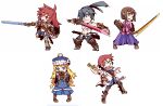  2boys 3girls aiming aiming_at_viewer armor bag blue_coat blue_eyes brown_hair bushidou_(sekaiju) bushidou_1_(sekaiju) bushidou_4_(sekaiju) character_hat_ornament chibi chibi_only closed_mouth coat commentary_request full_body fur-trimmed_coat fur-trimmed_headwear fur_trim glasses greaves green_eyes gun gunner_(sekaiju) gunner_2_(sekaiju) hair_over_one_eye hakama hakama_skirt high_ponytail holding holding_gun holding_sword holding_test_tube holding_weapon jack_frost_(megami_tensei) japanese_armor japanese_clothes kimono kote long_hair looking_at_viewer medic_(sekaiju) medic_1_(sekaiju) midriff multiple_boys multiple_girls navel one_eye_covered open_clothes open_coat open_mouth pectorals pink_kimono pom_pom_(clothes) ponytail purple_hakama red_hair scar sekaiju_no_meikyuu sekaiju_no_meikyuu_2 shield short_hair shoulder_bag simple_background skirt smile spiked_hair standing sword swordsman_(sekaiju) swordsman_2_(sekaiju) takujin test_tube v-shaped_eyebrows weapon white_background white_coat 