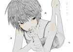  1girl absurdres aidani_aida barefoot black_eyes black_hair black_tank_top commentary_request double-parted_bangs facing_viewer highres light_blush lips looking_to_the_side lying mole mole_under_eye on_stomach original short_hair shorts solo solo_focus star_(symbol) tank_top tomboy white_background 