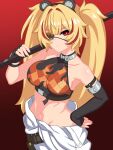  1girl absurdres animal_ear_hairband animal_ears asymmetrical_gloves bare_shoulders bear_ear_hairband bear_ears black_gloves blonde_hair breasts claret_flint closed_mouth collarbone commentary cosplay elbow_gloves english_commentary eyepatch fake_animal_ears fingerless_gloves flame_print gloves hair_ornament hairband highres holding holding_weapon jumpsuit jumpsuit_around_waist koleda_belobog koleda_belobog_(cosplay) large_breasts long_hair looking_at_viewer multicolored_hair navel over_shoulder red_background red_eyes red_hair red_streaks shikniful single_elbow_glove sphere_hair_ornament streaked_hair twintails uneven_gloves weapon weapon_over_shoulder zenless_zone_zero 