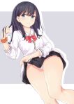  arm_across_waist bad_id bad_pixiv_id bare_legs black_hair black_skirt bow breasts cardigan clothes_lift collarbone collared_shirt green_eyes grey_background gridman_universe hand_in_own_hair highres long_sleeves looking_ahead medium_hair miniskirt orange_scrunchie outline panties panty_peek pleated_skirt red_bow scrunchie shirt skirt skirt_lift sleeves_rolled_up small_breasts smile ssss.gridman takarada_rikka tetora_(yumejihuka) underwear undone_collar white_cardigan white_outline white_panties wrist_scrunchie 