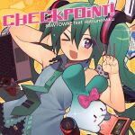  >_o 1girl @_(symbol) ahoge album_cover album_name aqua_eyes aqua_hair aqua_necktie artist_name bare_shoulders black_skirt bow can character_name computer controller cover creature drink_can english_commentary fang food game_console game_controller grey_shirt hatsune_miku highres laptop light_blush long_hair looking_at_viewer necktie official_art one_eye_closed open_mouth orange_background outline pink_bow pleated_skirt pocky purple_eyes sawtowne shirt skin_fang skirt sleeveless sleeveless_shirt sparkle spring_onion symbol-shaped_pupils tie_clip twintails video_game vocaloid white_outline wii wii_remote 