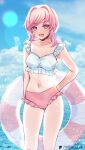  1girl :d absurdres alternate_costume arm_behind_back artist_name bikini blue_sky breasts cloud cloudy_sky collarbone commentary cowboy_shot day doki_doki_literature_club english_commentary fang frilled_bikini frills hair_intakes hand_on_own_hip highres holding holding_behind_back holding_swim_ring lens_flare looking_at_viewer medium_hair mi_tarou0412 multicolored_bikini natsuki_(doki_doki_literature_club) navel ocean open_mouth outdoors paid_reward_available patreon_logo patreon_username pink_bikini pink_eyes pink_hair skin_fang sky small_breasts smile solo swim_ring swimsuit twintails twitter_username two-tone_bikini wading watermark white_bikini 