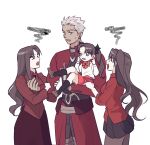  1boy 3girls aged_down aged_up archer_(fate) black_skirt blue_eyes bow bowtie brown_pantyhose commentary_request crossed_arms dark-skinned_male dark_skin fate/stay_night fate/zero fate_(series) grey_hair highres long_sleeves looking_at_another multiple_girls multiple_persona pantyhose red_bow red_bowtie redmin_0415 short_hair simple_background skirt sweatdrop time_paradox tohsaka_rin tohsaka_rin_(fate/zero) twintails two_side_up white_background 