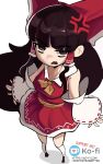  1girl anger_vein annoyed ascot bow brown_eyes brown_hair collared_shirt commentary detached_sleeves frilled_bow frilled_hair_tubes frills from_above hair_bow hair_tubes hakurei_reimu highres ko-fi_logo ko-fi_username long_hair looking_at_viewer looking_up open_mouth painteru red_bow red_eyes red_shirt red_skirt ribbon-trimmed_sleeves ribbon_trim shirt sidelocks simple_background skirt skirt_set sleeveless sleeveless_shirt socks solo touhou white_background white_socks yellow_ascot 
