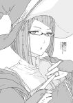  1girl :o bridal_gauntlets commentary_request fire_emblem fire_emblem_awakening glasses greyscale hat highres index_finger_raised jewelry large_hat looking_at_viewer miriel_(fire_emblem) monochrome ring short_hair solo translation_request tsujii_luki witch_hat 