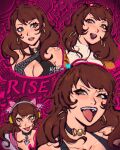  1girl artist_logo artist_name bare_shoulders bluesky_logo breasts brown_hair center_opening character_name cleavage commentary earrings english_commentary english_text eyewear_on_head hatidraw headphones hoop_earrings jewelry kujikawa_rise large_breasts logo long_hair looking_at_viewer multiple_views necklace open_mouth persona persona_4 persona_4_revival pink_background smile sunglasses tongue tongue_out yellow_eyes 