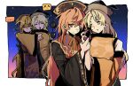  ... 2girls arm_around_neck belt black_belt black_dress black_hat blonde_hair blue_sky blush_stickers border chinese_clothes chinese_commentary closed_eyes closed_mouth commentary_request constellation_print cowboy_shot crescent crescent_print dalachi_(headdress) detached_sleeves dress gradient_sky hair_between_eyes hand_up hat holding_another's_wrist junko_(touhou) long_dress long_hair long_sleeves looking_afar looking_at_another mandarin_collar matara_okina multiple_girls multiple_views neck_ribbon night oi3iw4 open_mouth orange_hair orange_sleeves orange_tabard outdoors outside_border phoenix_print pink_sky pom_pom_(clothes) red_eyes red_tabard ribbon shirt sky smile speech_bubble spoken_ellipsis standing tabard tassel touhou v-shaped_eyebrows very_long_hair wavy_hair white_border white_shirt wide_sleeves yellow_eyes yellow_ribbon yuri 