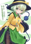  1girl absurdres black_hat blush bow breasts brown_pantyhose buttons clothes_lift collared_shirt commentary_request diamond_button disembodied_linked_eye eyeball frilled_shirt_collar frilled_skirt frilled_sleeves frills green_eyes green_hair green_skirt grin hat hat_bow heart highres komeiji_koishi lifting_own_clothes long_sleeves looking_at_viewer medium_breasts panties panties_under_pantyhose pantyhose pico_kimuchi shirt short_hair skirt skirt_lift smile solo speech_bubble spoken_heart thighband_pantyhose touhou translation_request underwear wide_sleeves yellow_bow yellow_shirt 